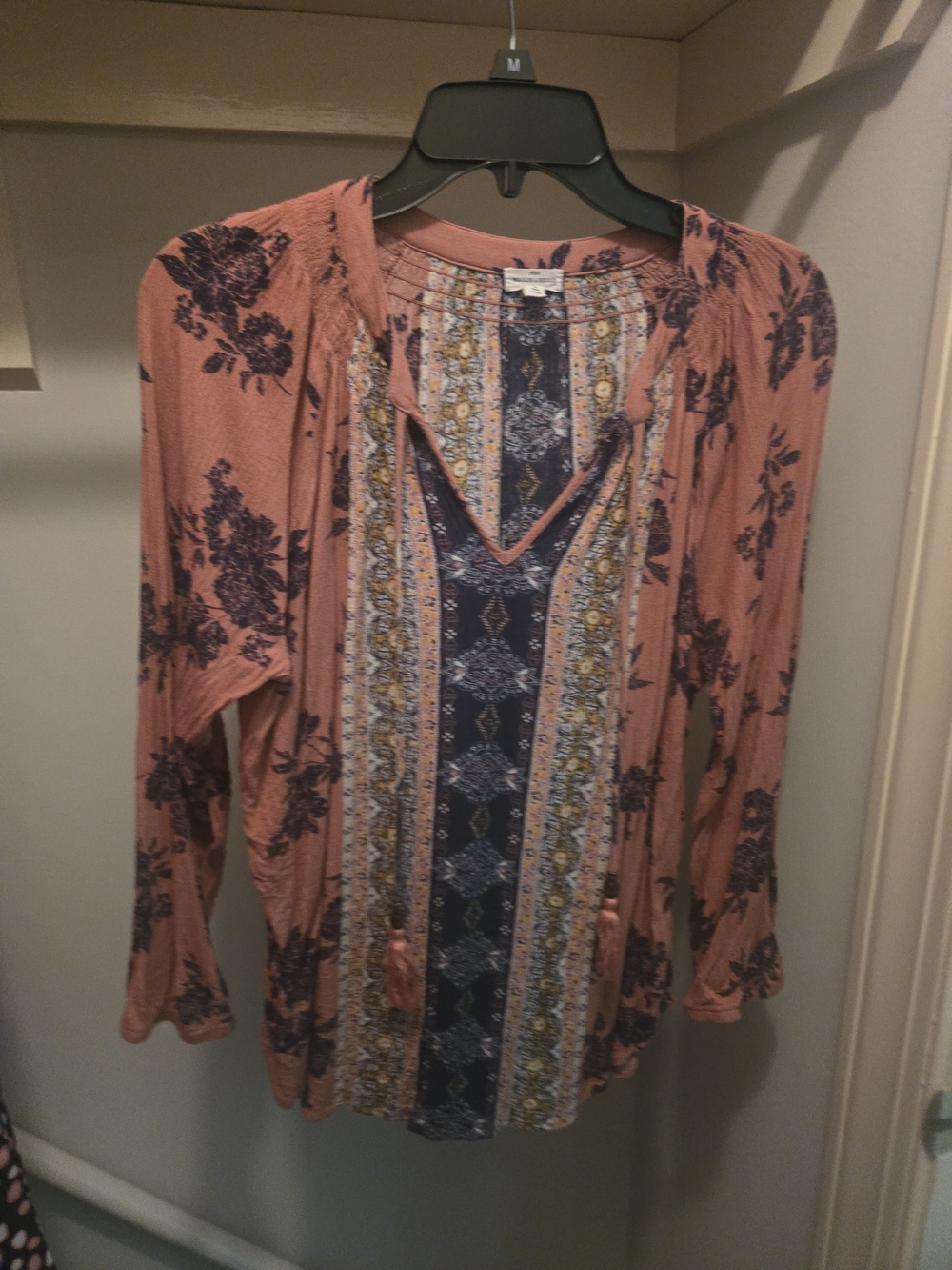 Peach Floral Boho V-Neck Tunic with Navy Center Panel